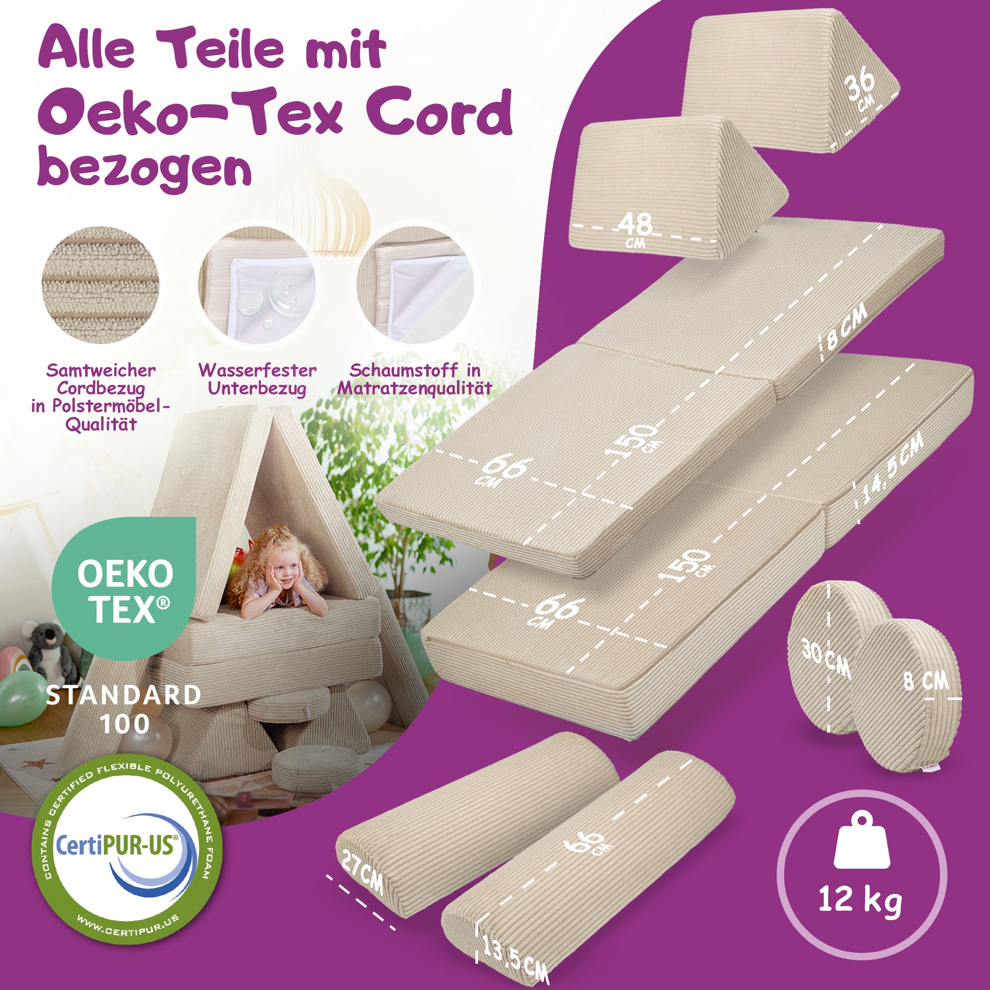 Linodino Spielsofa Materialien und wasserfeste Bezüge