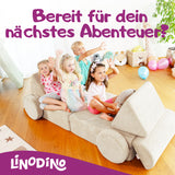 Kinder warten auf ihr nächstes Abenteuer auf dem Linodino Spielsofa
