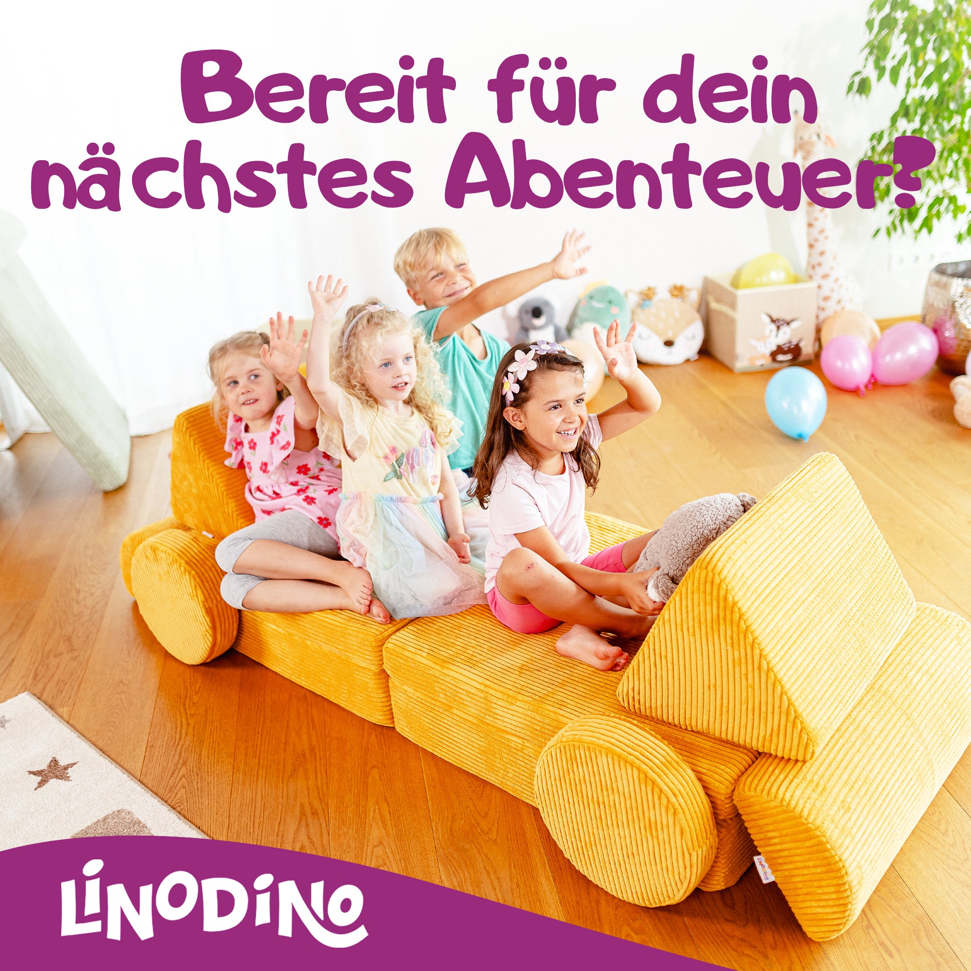 Kinder warten auf ihr nächstes Abenteuer auf dem Linodino Spielsofa

