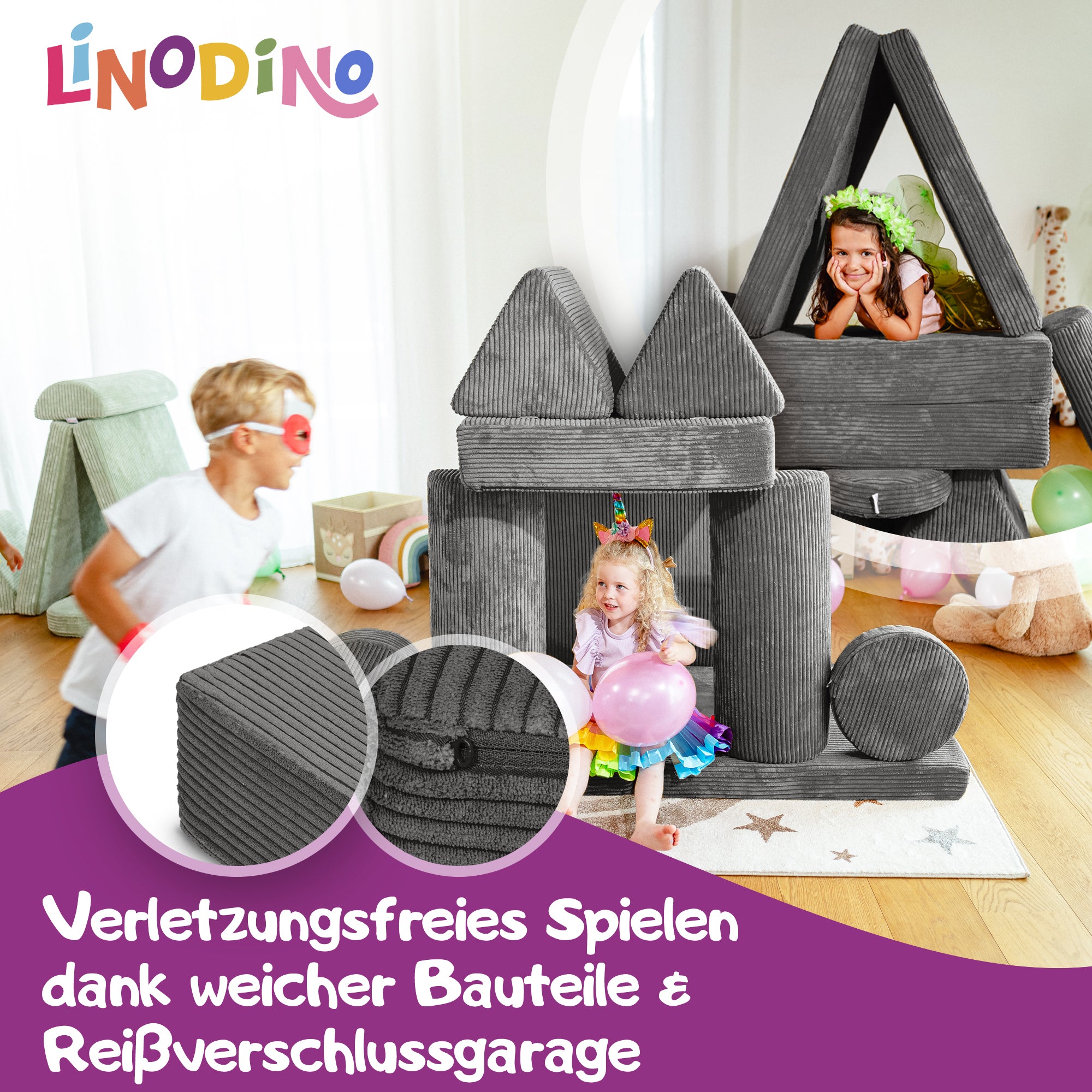 Linodino Spielsofa, Verletzungsfreies Spielen durch weiche Bauteile und Reißverschlussgarage
