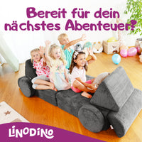 Kinder warten auf ihr nächstes Abenteuer auf dem Linodino Spielsofa
