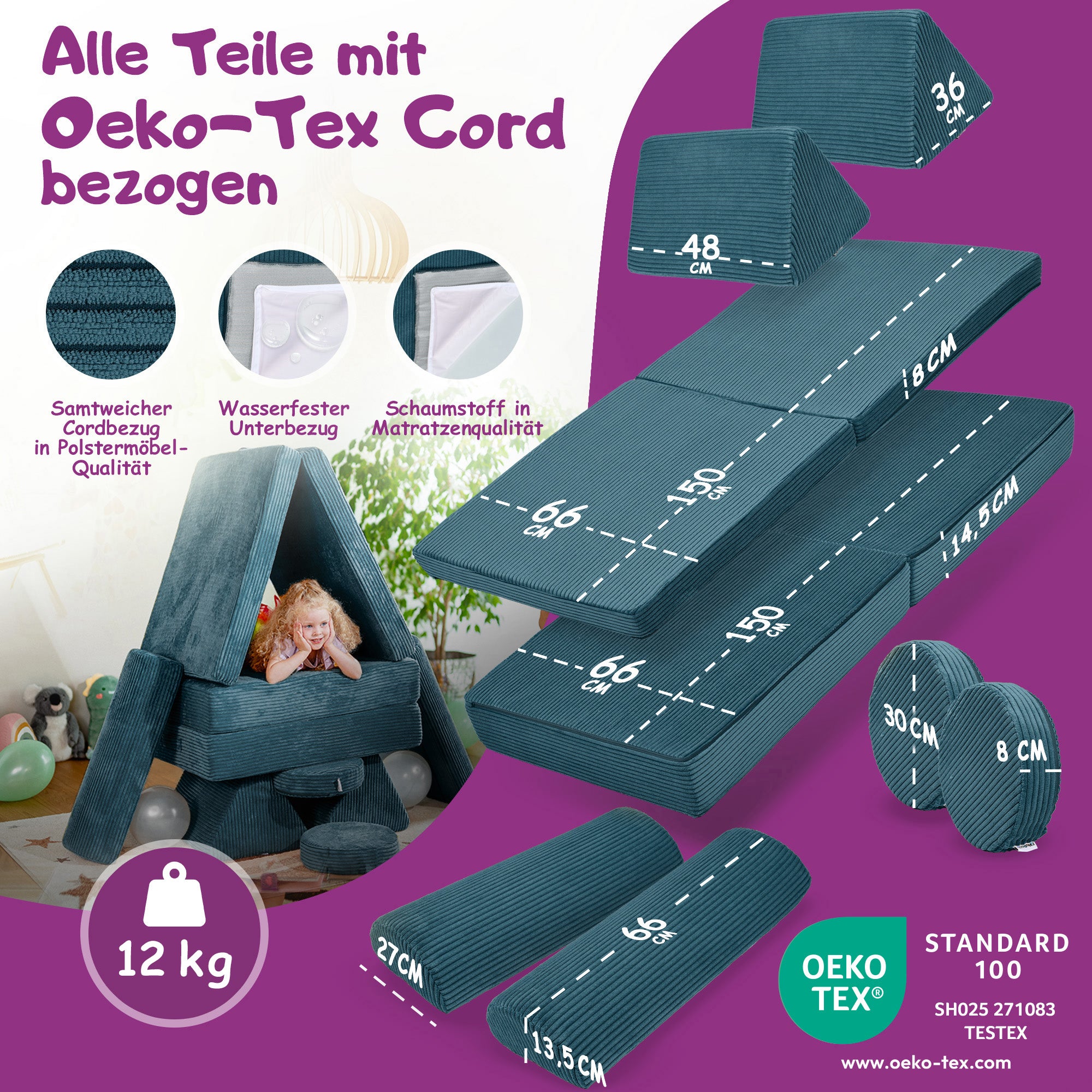 Linodino Spielsofa Materialien und wasserfeste Bezüge
