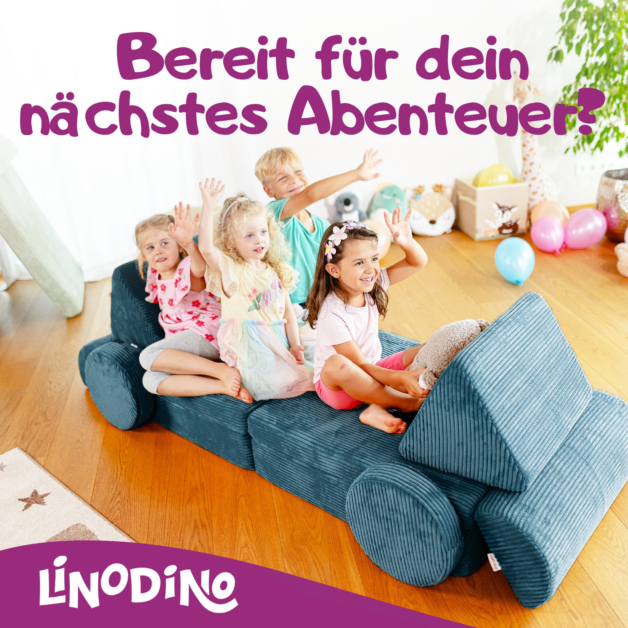 Kinder warten auf ihr nächstes Abenteuer auf dem Linodino Spielsofa
