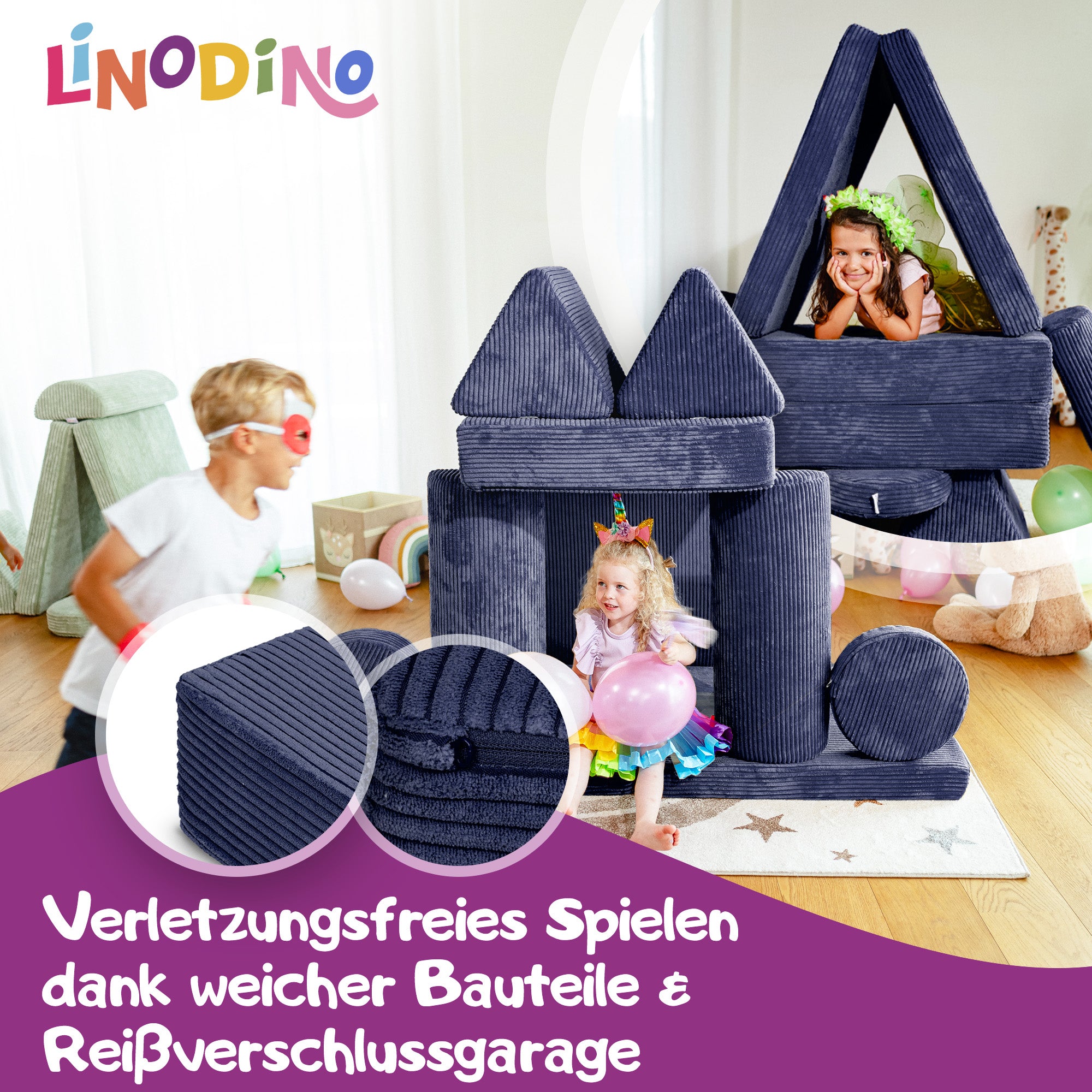 Linodino Spielsofa, Verletzungsfreies Spielen durch weiche Bauteile und Reißverschlussgarage
