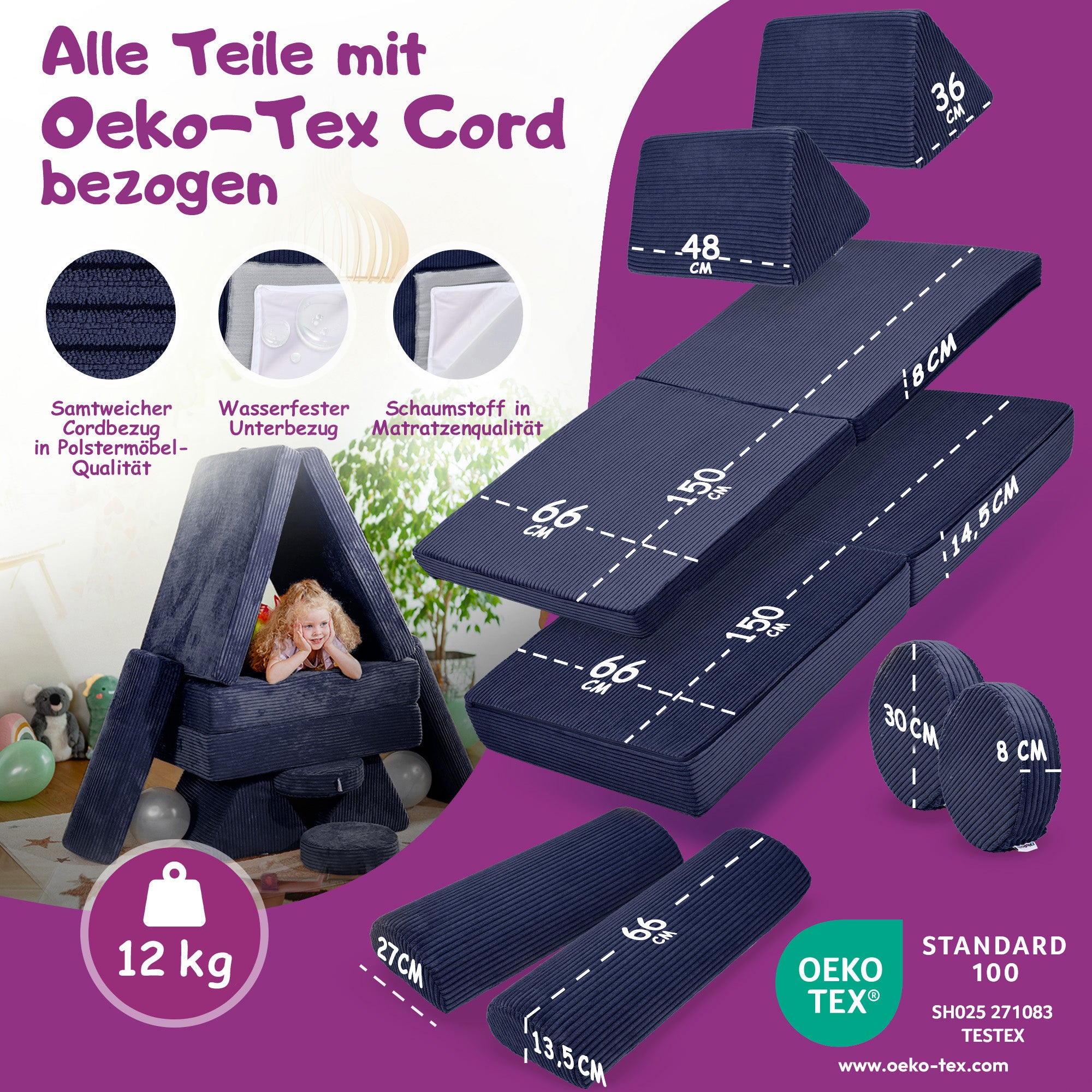 Linodino Spielsofa Materialien und wasserfeste Bezüge
