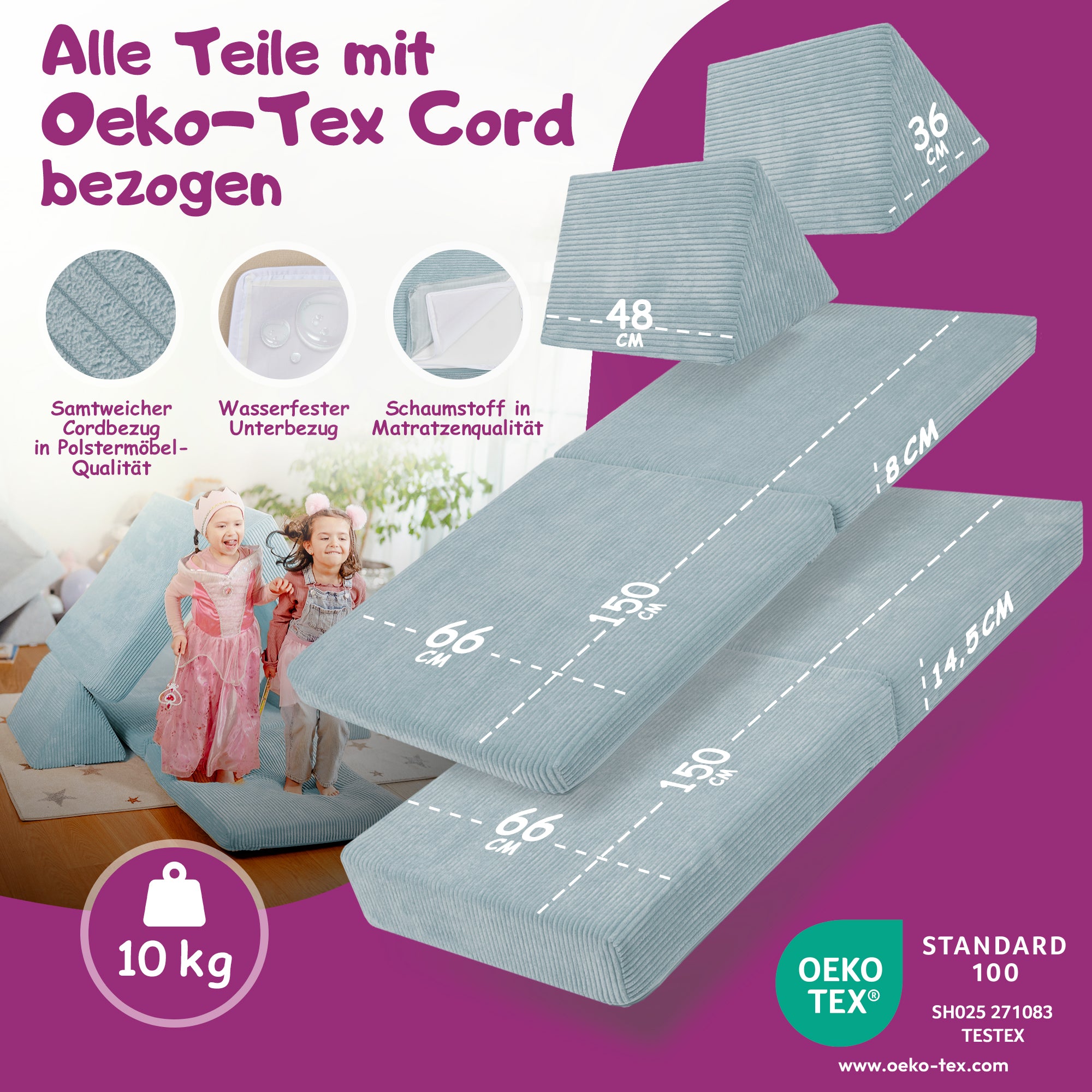 Linodino Spielsofa Materialien und wasserfeste Bezüge