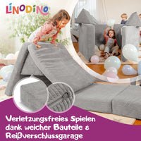 Linodino Spielsofa, Verletzungsfreies Spielen durch weiche Bauteile und Reißverschlussgarage
