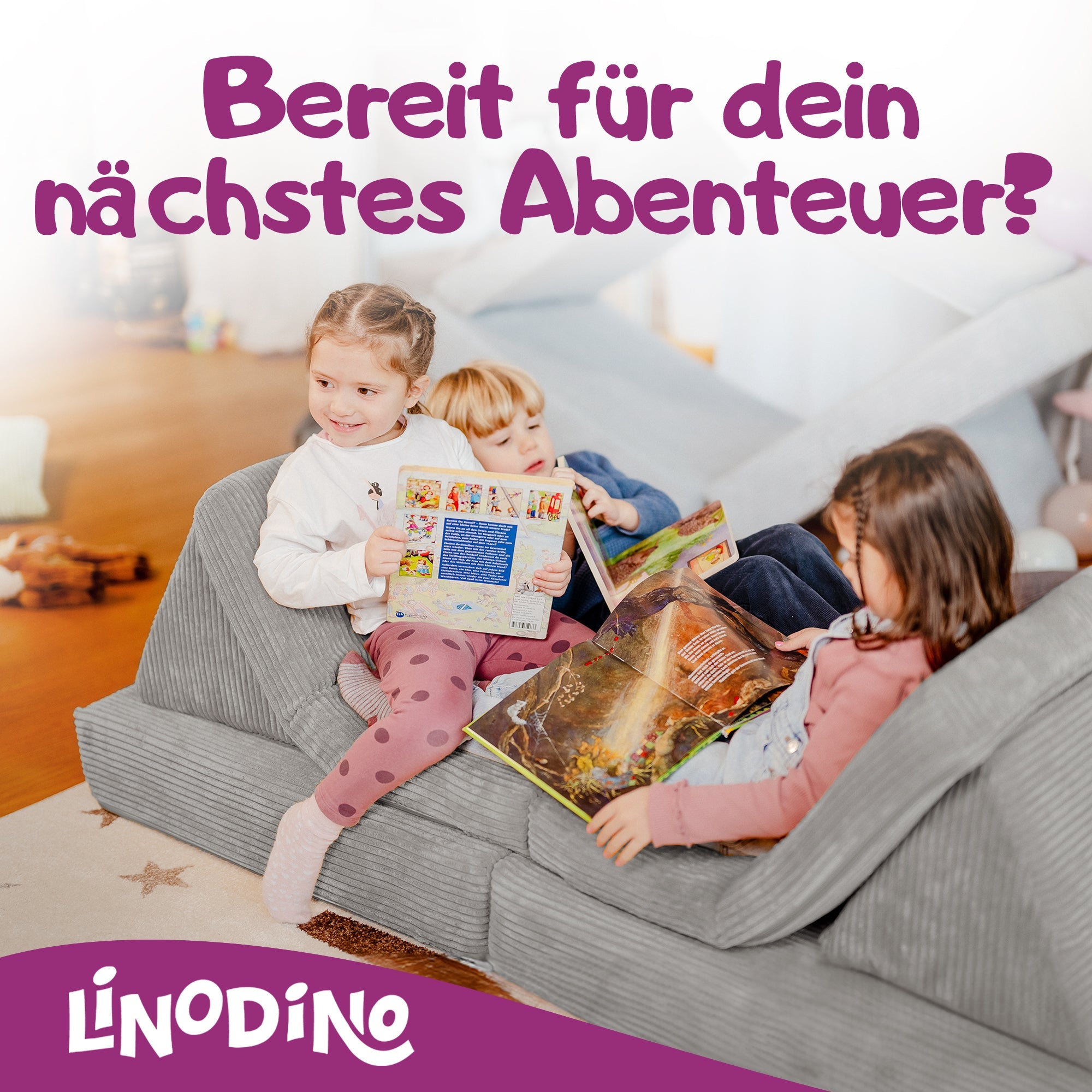 Kinder warten auf ihr nächstes Abenteuer auf dem Linodino Spielsofa
