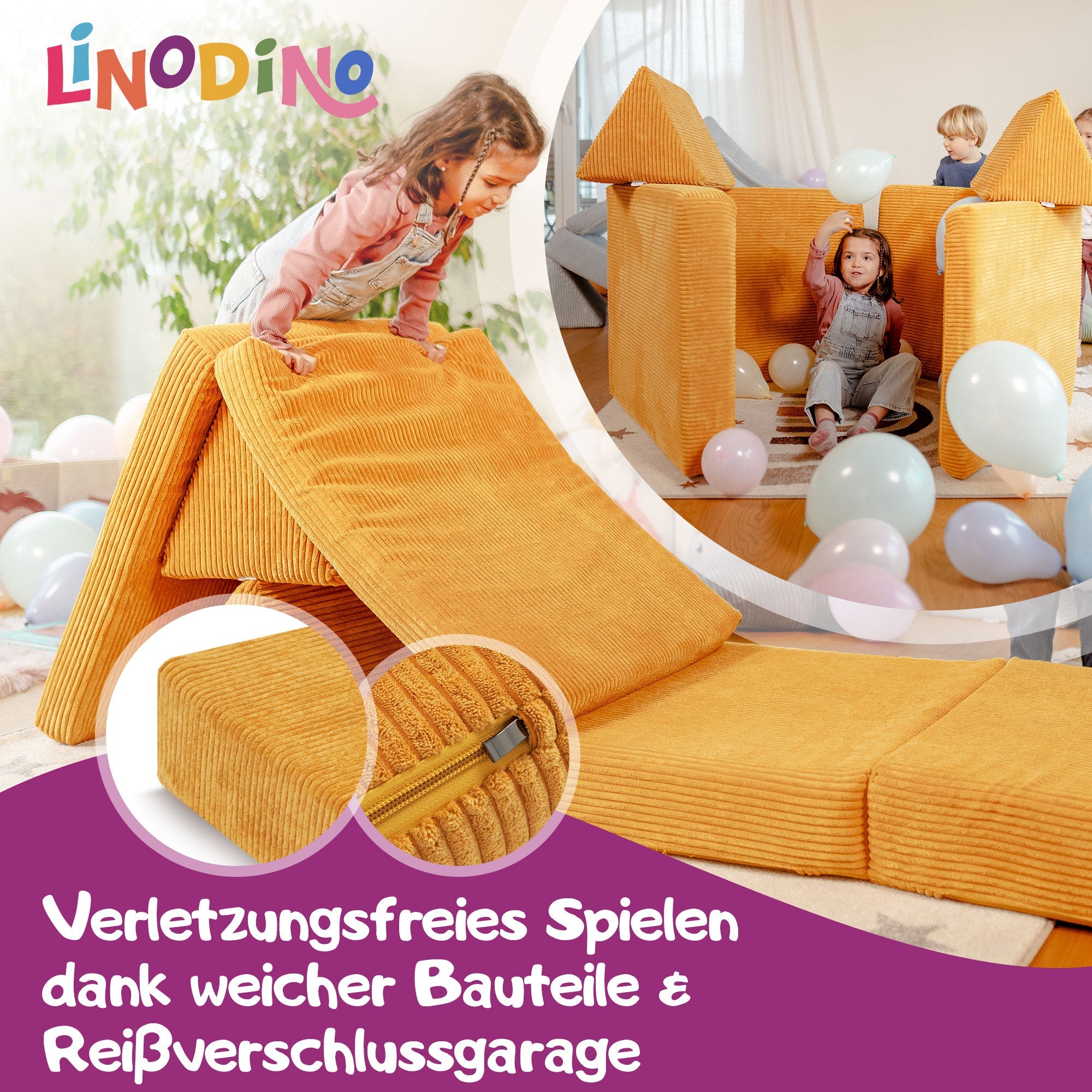 Linodino Spielsofa, Verletzungsfreies Spielen durch weiche Bauteile und Reißverschlussgarage
