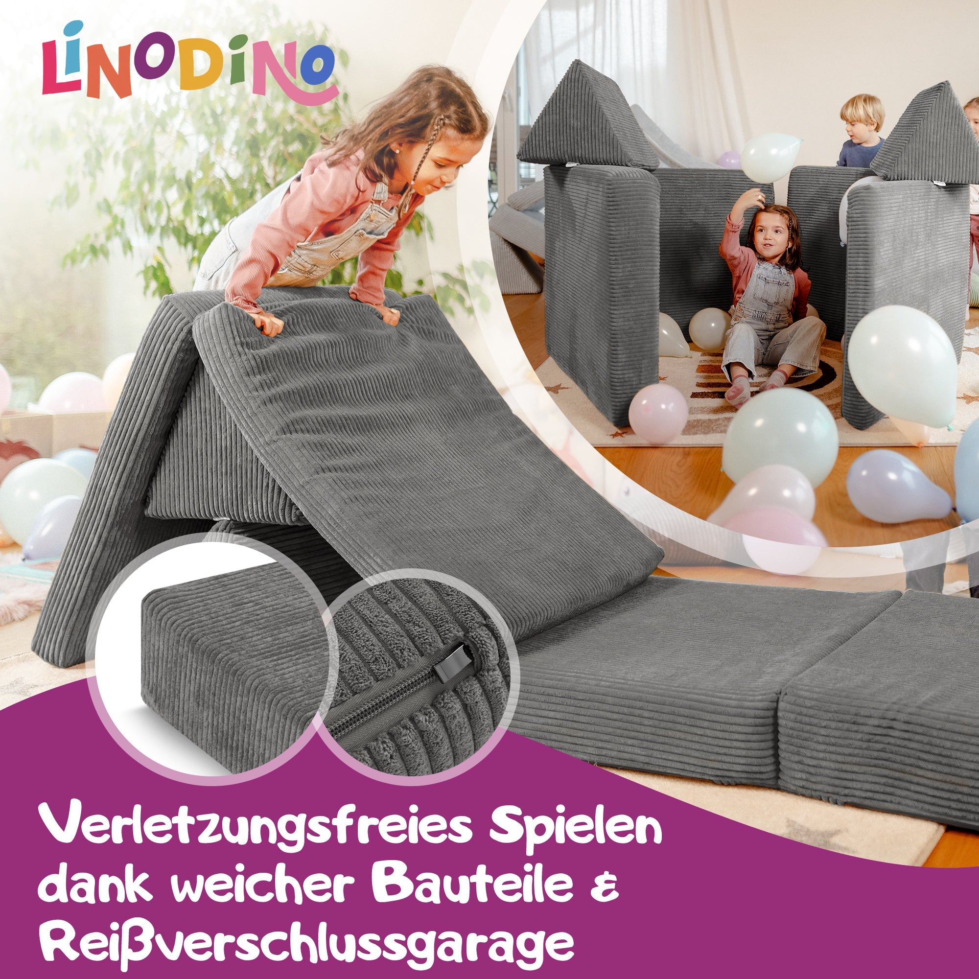 Linodino Spielsofa, Verletzungsfreies Spielen durch weiche Bauteile und Reißverschlussgarage
