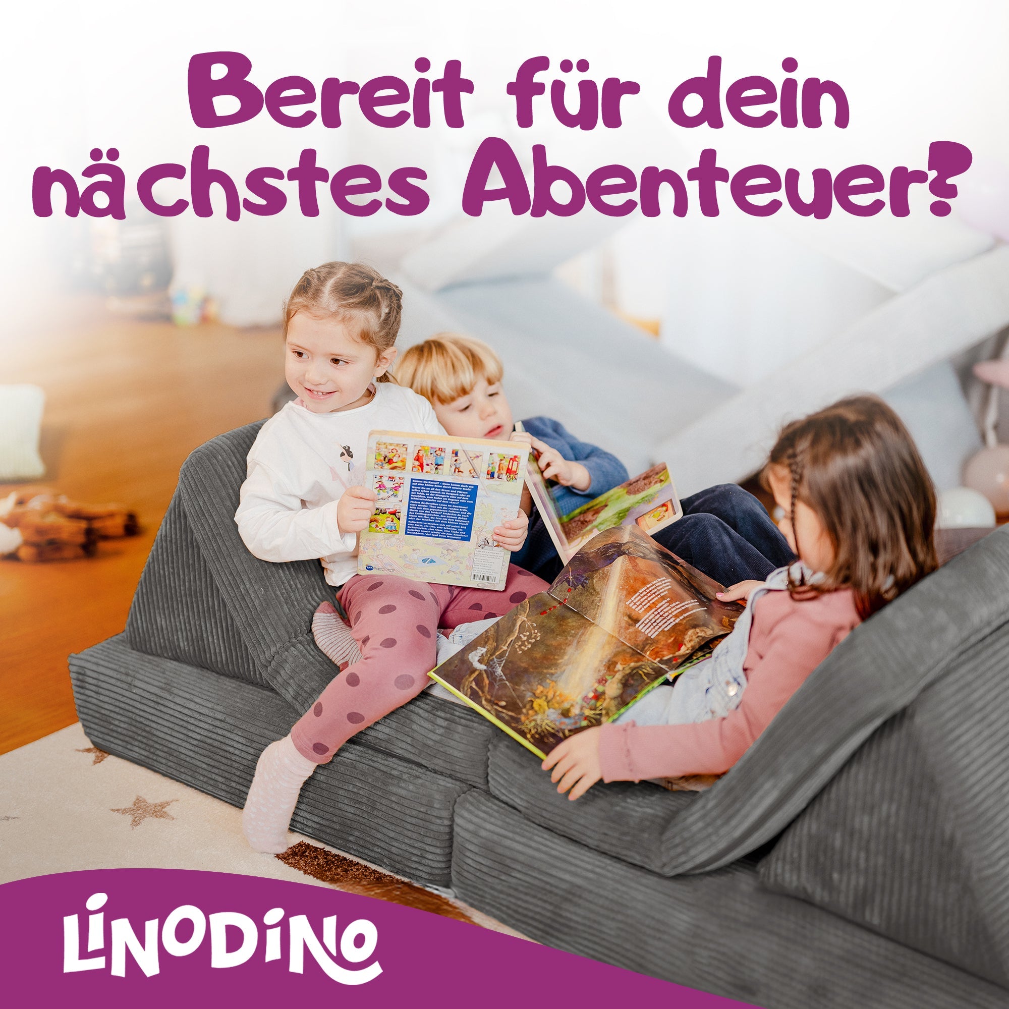 Kinder warten auf ihr nächstes Abenteuer auf dem Linodino Spielsofa
