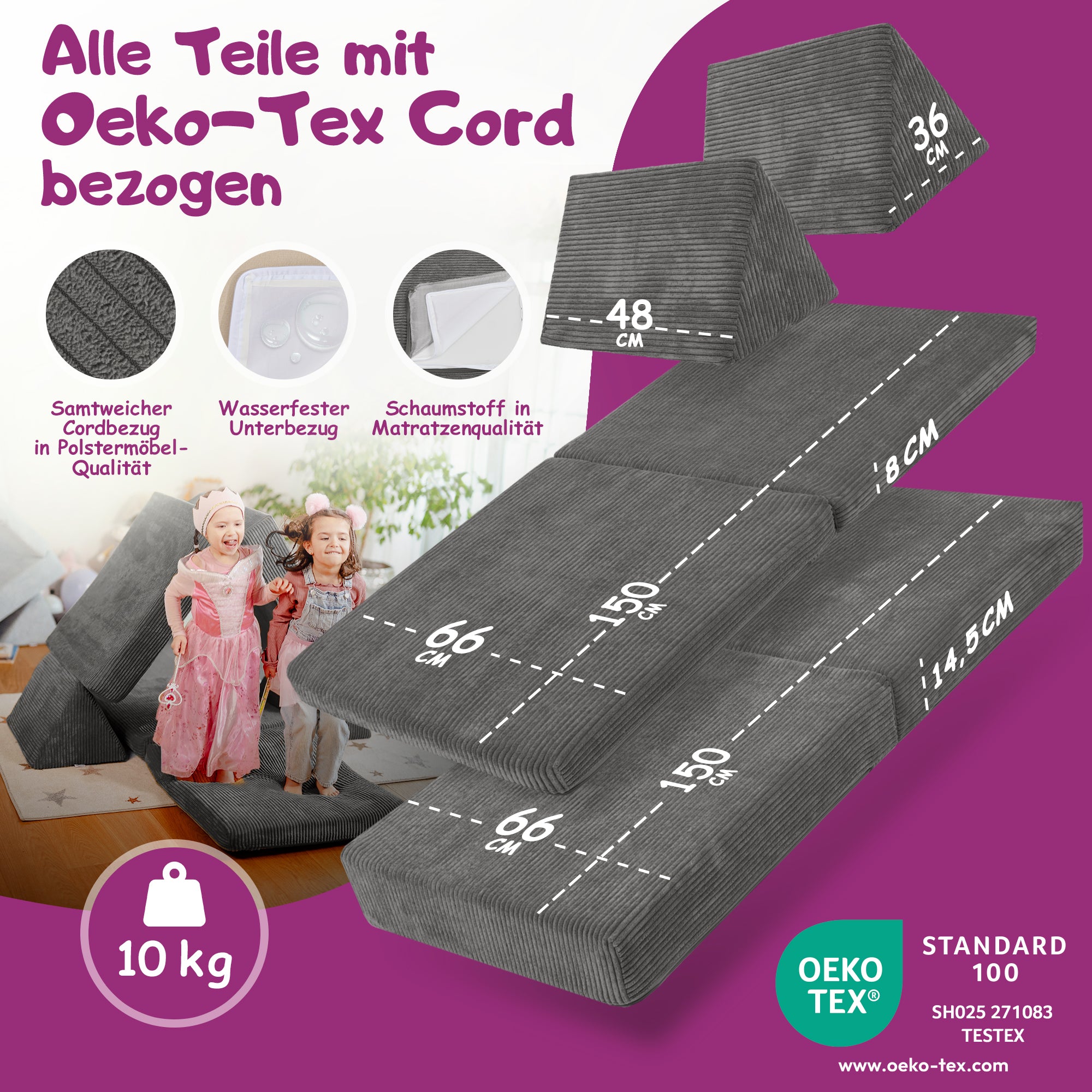 Linodino Spielsofa Materialien und wasserfeste Bezüge