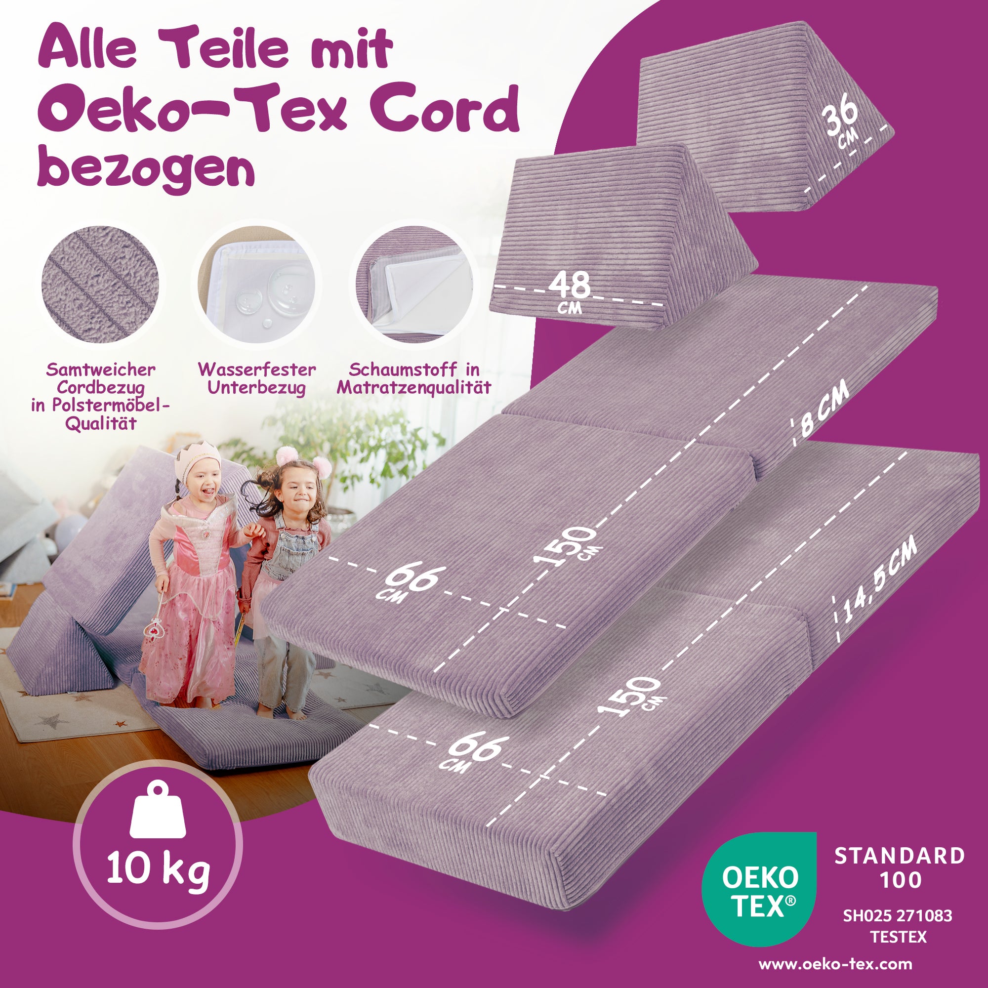 Linodino Spielsofa Materialien und wasserfeste Bezüge