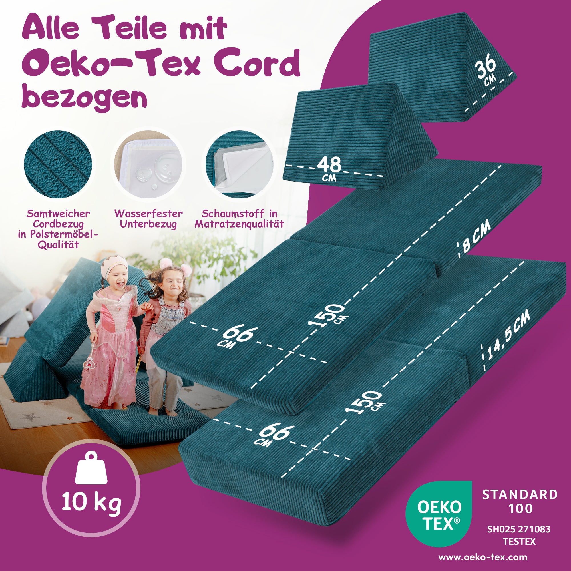 Linodino Spielsofa Materialien und wasserfeste Bezüge